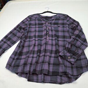 Womens Plus Sz 1X Flannel Open V Neck Henley Girlfriend Plaid Checker Shirt